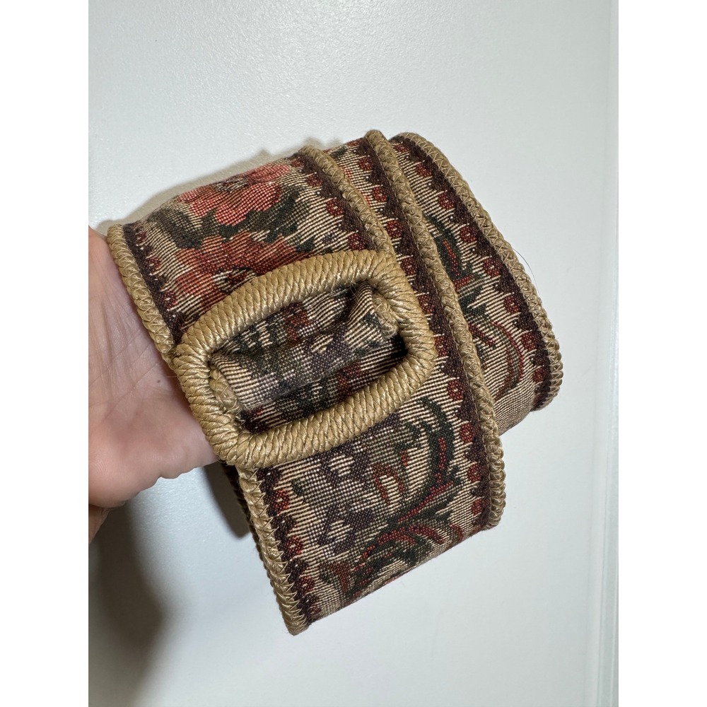 Vintage Floral Tapestry Wide Waist Belt Woven Boho Cinch Buckle Terracotta 80s